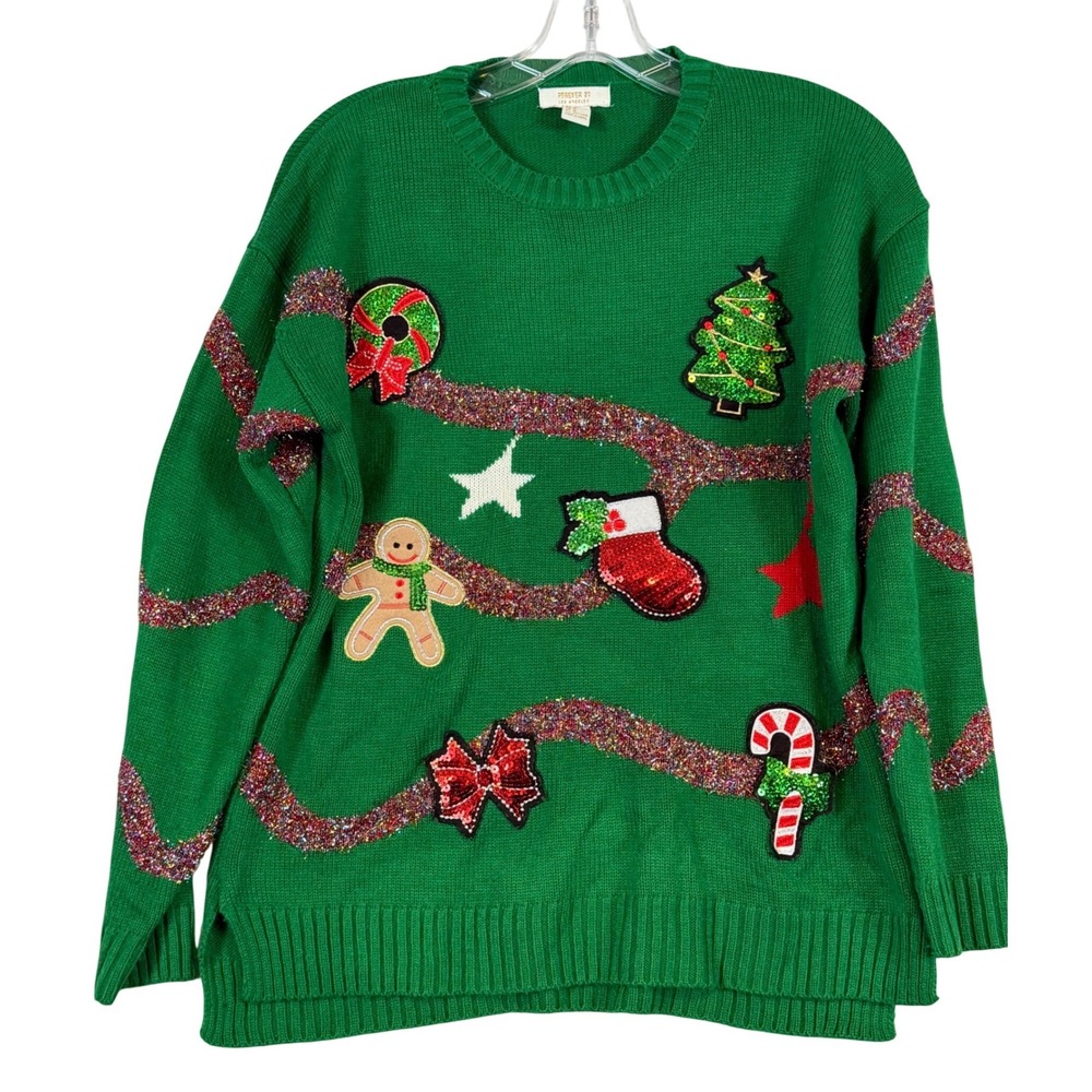Womens Green Ugly Christmas Sweater Sequins Tinsel‎ Patches •M• Kitschy Festive